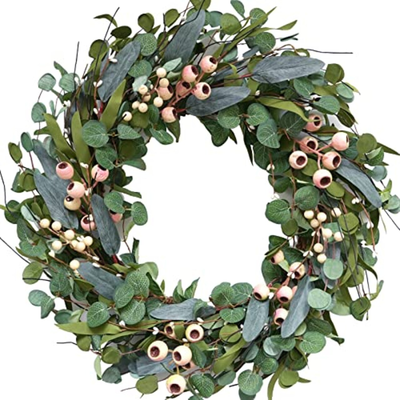20inch Artificial Eucalyptus Wreath Green Leaves Wreath White Berry Big Berries Wreath for Front Door All Seasons Wreath Year Round Decor Home Decor